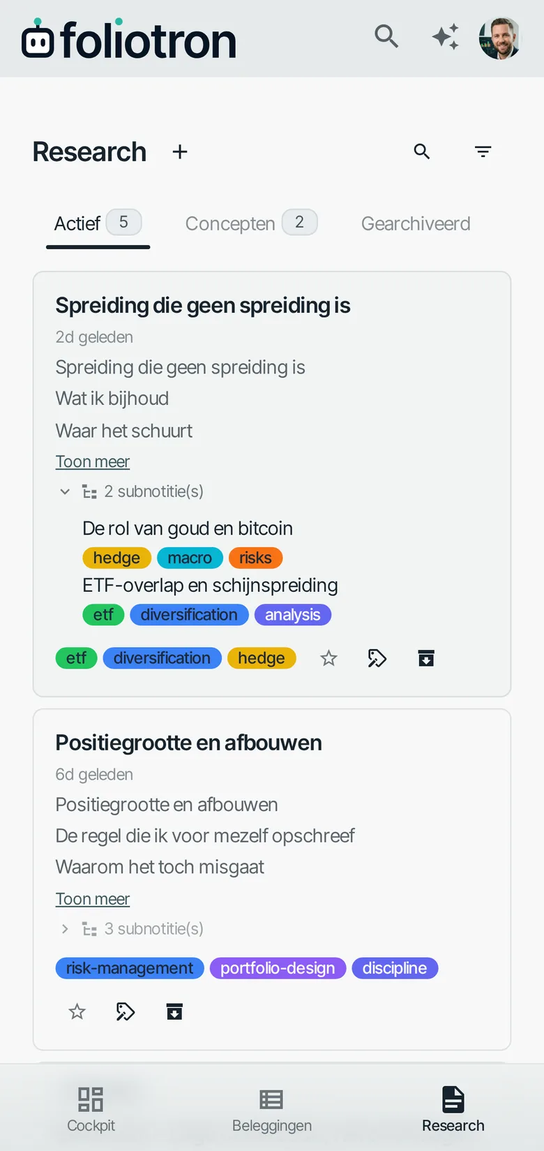 Foliotron op een telefoon: de researchlijst met een tab voor concepten
